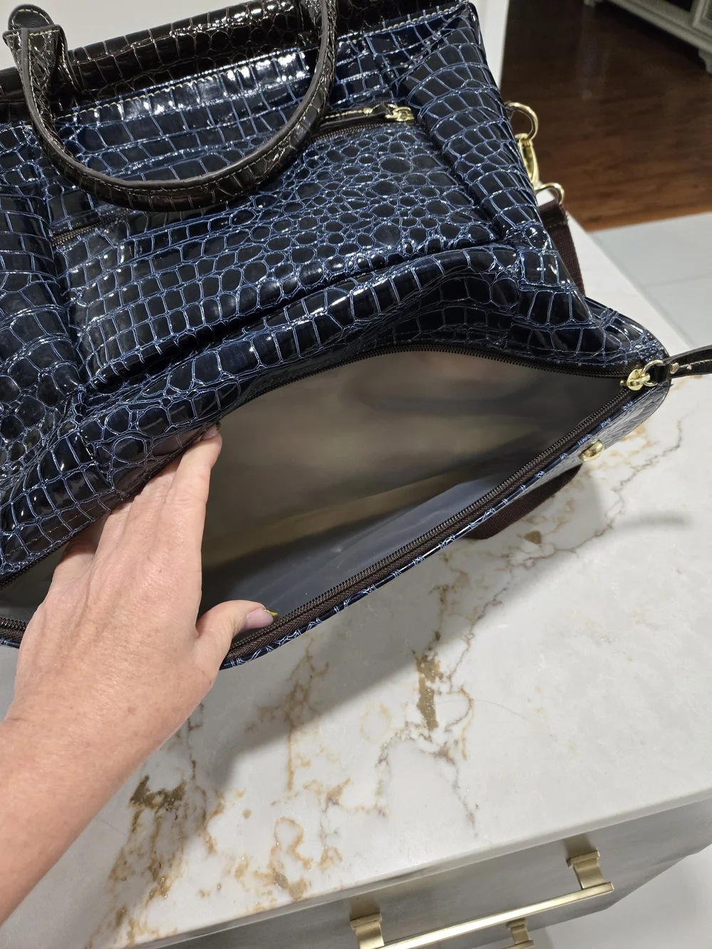 Croc-Embossed Navy and Black Leather Top-Handle Briefcase